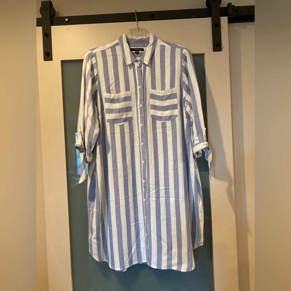 Shargano Blue and White Striped Shirt Dress midi length, 3/4 sleeves. Size 20W.